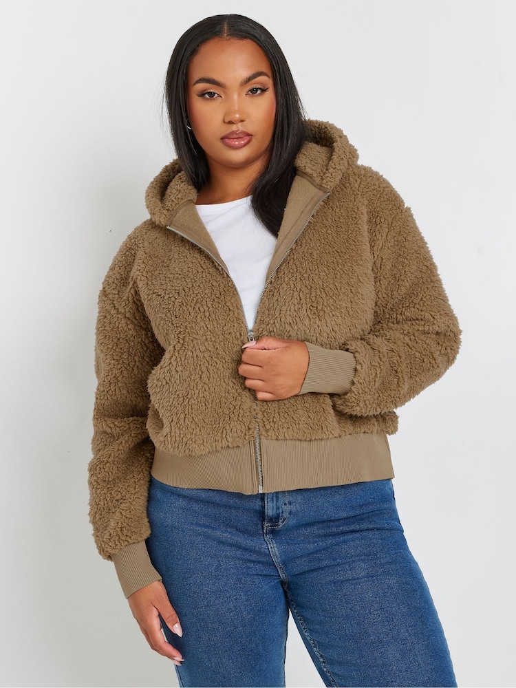 Yours Curve Brown Ribbed Hooded Feather Fleece - Image 1 of 6