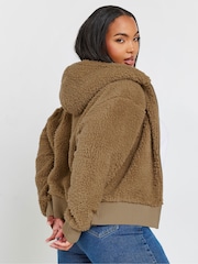Yours Curve Brown Ribbed Hooded Feather Fleece - Image 3 of 6