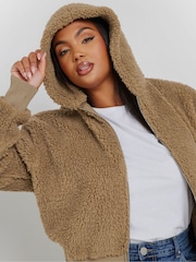 Yours Curve Brown Ribbed Hooded Feather Fleece - Image 4 of 6