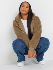 Yours Curve Brown Ribbed Hooded Feather Fleece - Image 5 of 6