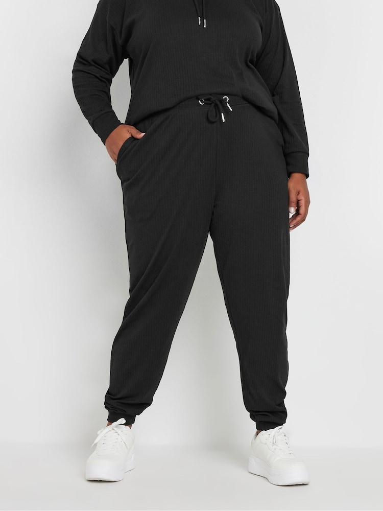 Yours Curve Black Ribbed Joggers - Image 1 of 5