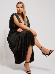 Yours Curve Black London Crushed Velvet Wrap Dress - Image 1 of 5