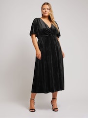 Yours Curve Black London Crushed Velvet Wrap Dress - Image 2 of 5