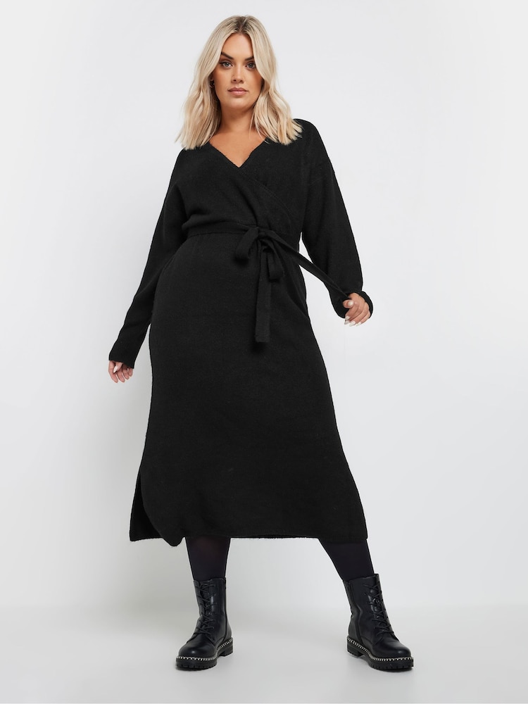 Yours Curve Black Wrap Jumper Dress - Image 1 of 5