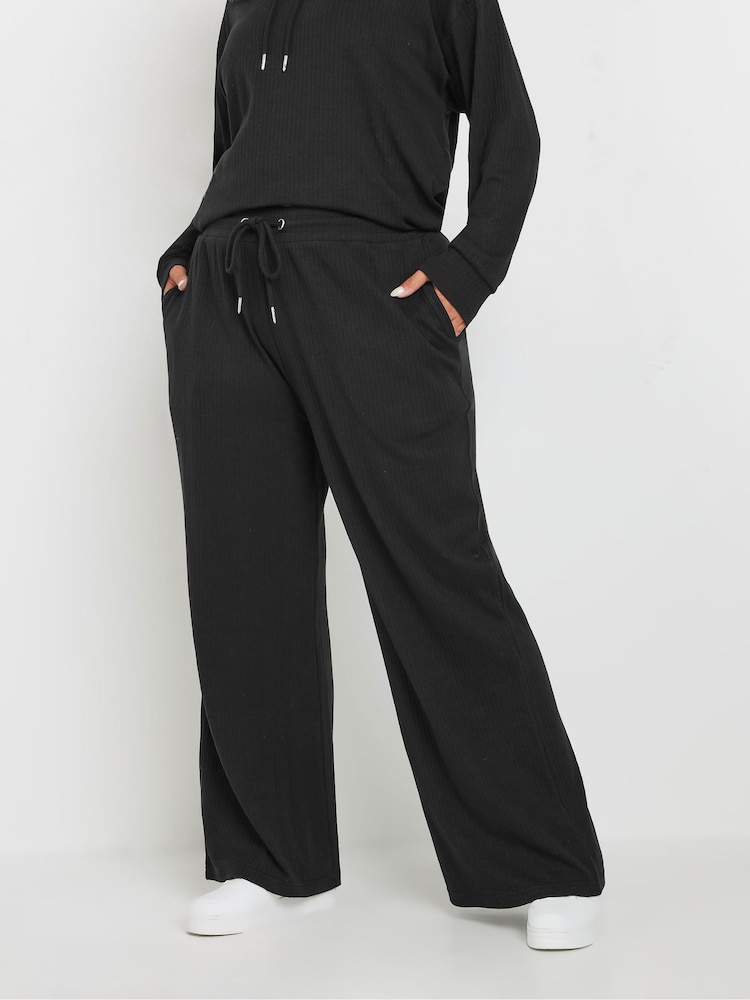 Yours Curve Black Ribbed Wide Leg Joggers - Image 1 of 6