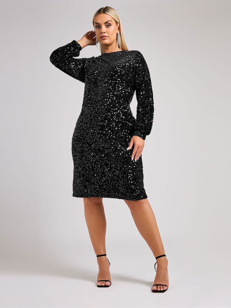 Buy Yours Curve Black London Sequin Velvet Long Sleeve Shift Dress from the  Next UK online shop