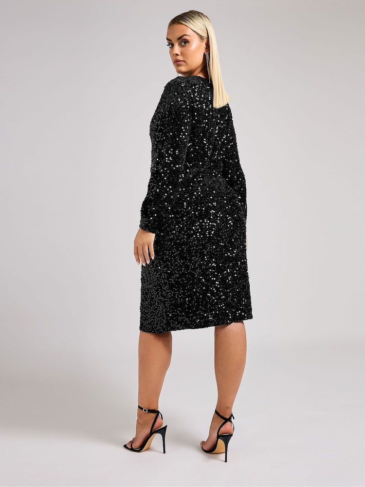 Buy Yours Curve Black London Sequin Velvet Long Sleeve Shift Dress from the  Next UK online shop