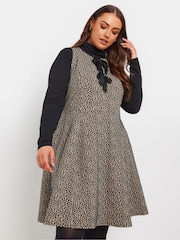 Yours Curve Brown Crew Neck Double Bow Pinafore Dress - Image 1 of 5