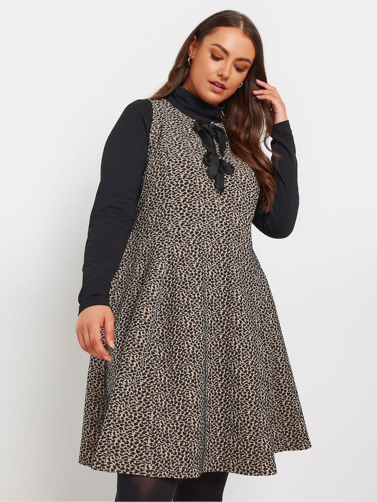 Yours Curve Brown Crew Neck Double Bow Pinafore Dress - Image 1 of 5