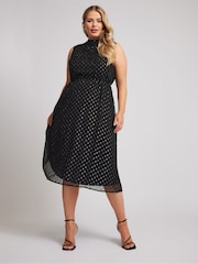 Yours Curve Black London Metallic Dobby Bow Back Dress - Image 1 of 5