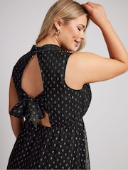 Yours Curve Black London Metallic Dobby Bow Back Dress - Image 2 of 5