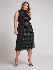 Yours Curve Black London Metallic Dobby Bow Back Dress - Image 3 of 5
