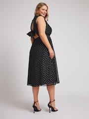 Yours Curve Black London Metallic Dobby Bow Back Dress - Image 4 of 5