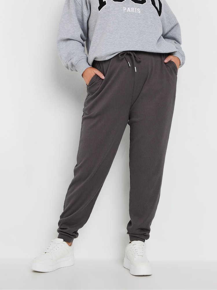 Yours Curve Grey Ribbed Joggers - Image 1 of 5