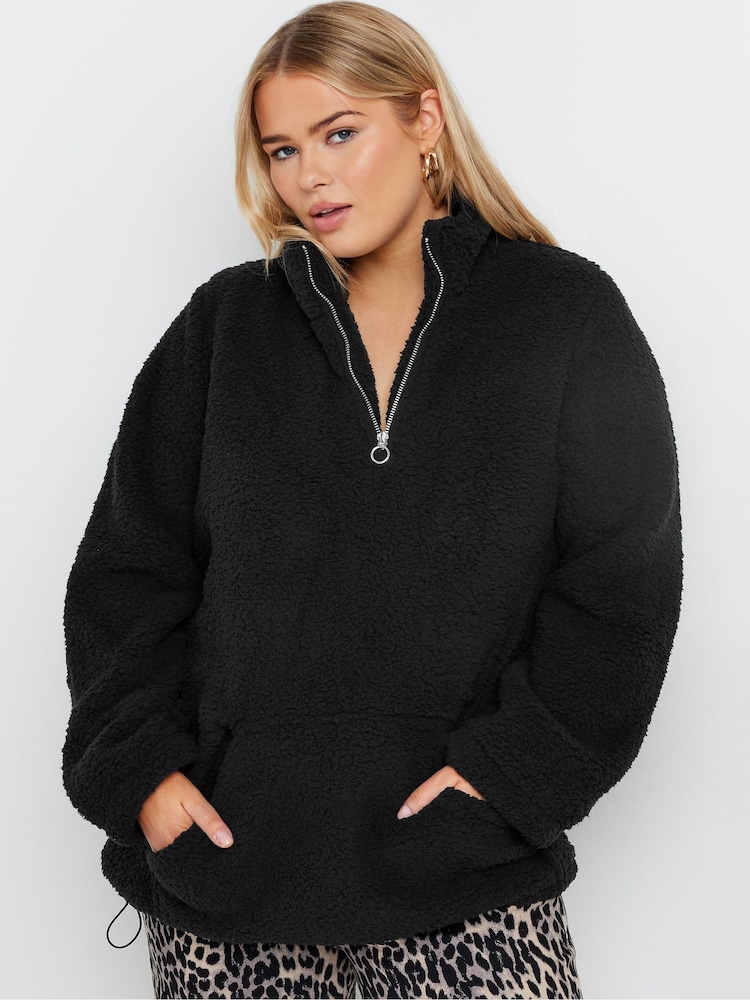 Yours Curve Black Brown Sherpa Fleece Half Zip Jacket - Image 1 of 5