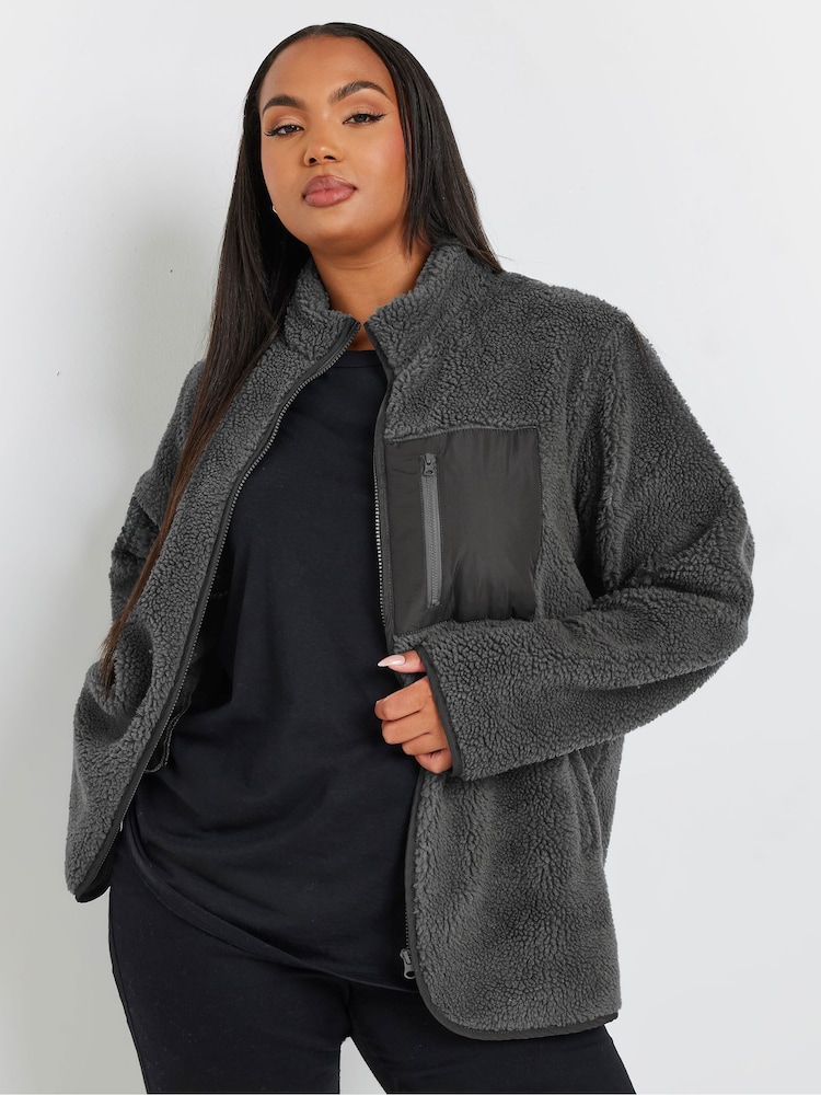 Yours Curve Grey Grey Fleece Zip Up Jacket - Image 1 of 5