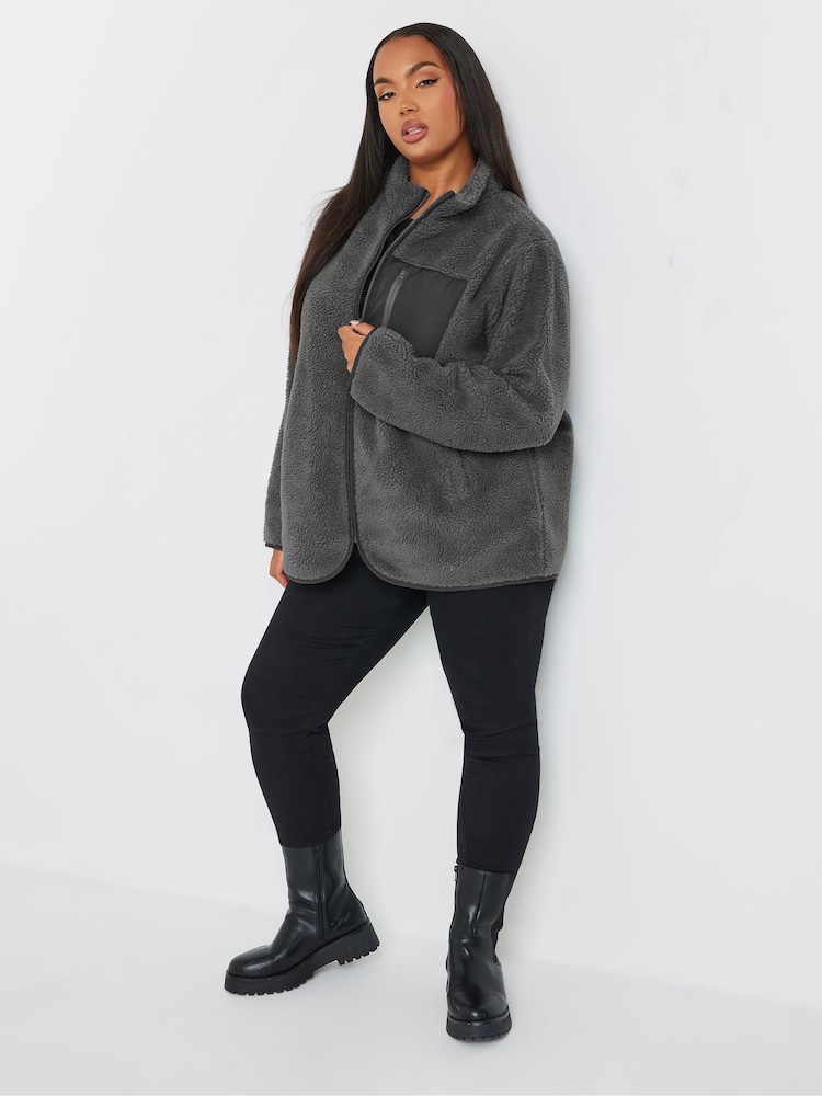 Yours Curve Grey Grey Fleece Zip Up Jacket - Image 2 of 5
