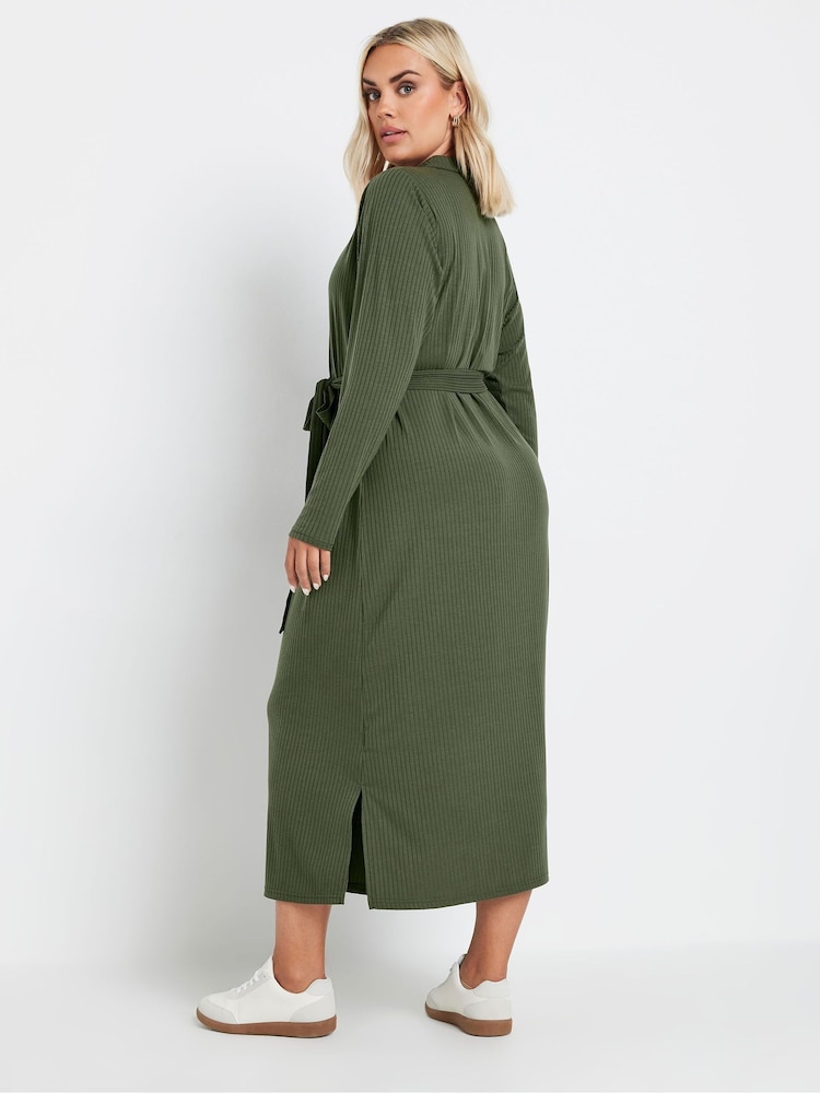 Yours Curve Green Rib Button Front A Line Dress - Image 2 of 5