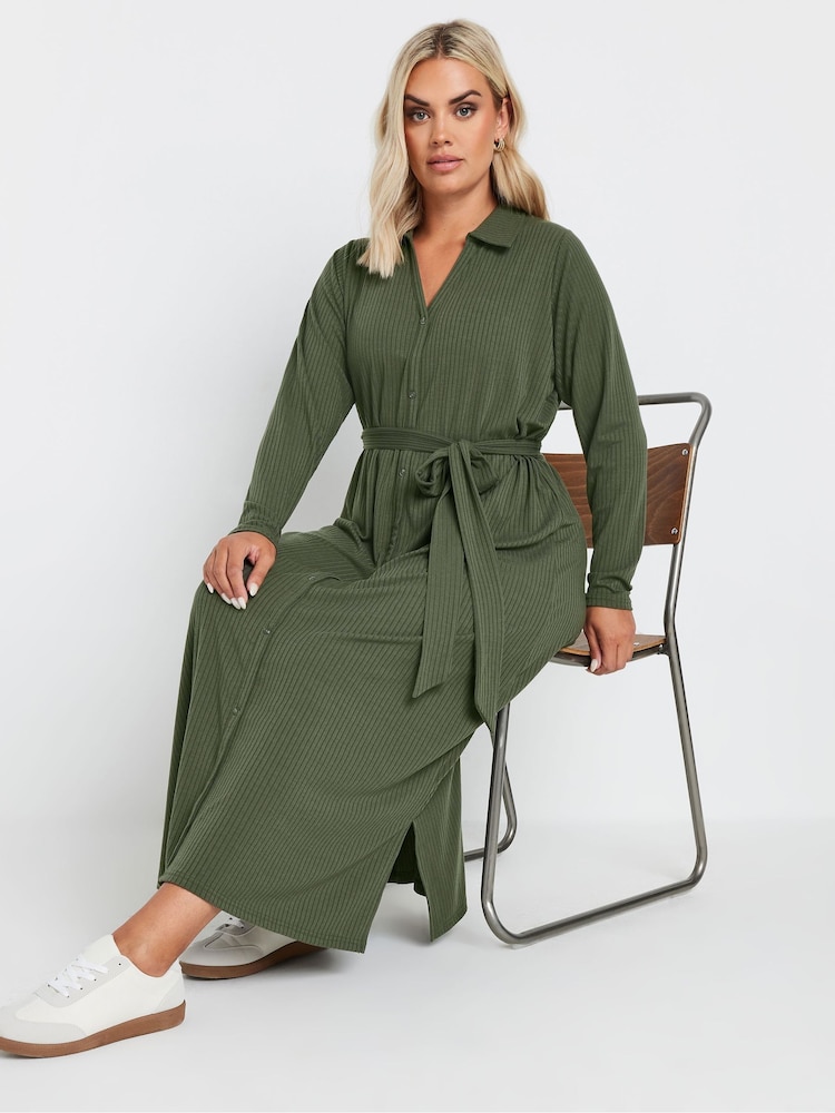 Yours Curve Green Rib Button Front A Line Dress - Image 3 of 5