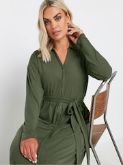 Yours Curve Green Rib Button Front A Line Dress - Image 4 of 5