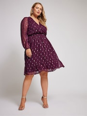 Yours Curve Purple London Metallic Dobby Wrap Midi Dress - Image 1 of 5