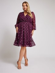 Yours Curve Purple London Metallic Dobby Wrap Midi Dress - Image 2 of 5