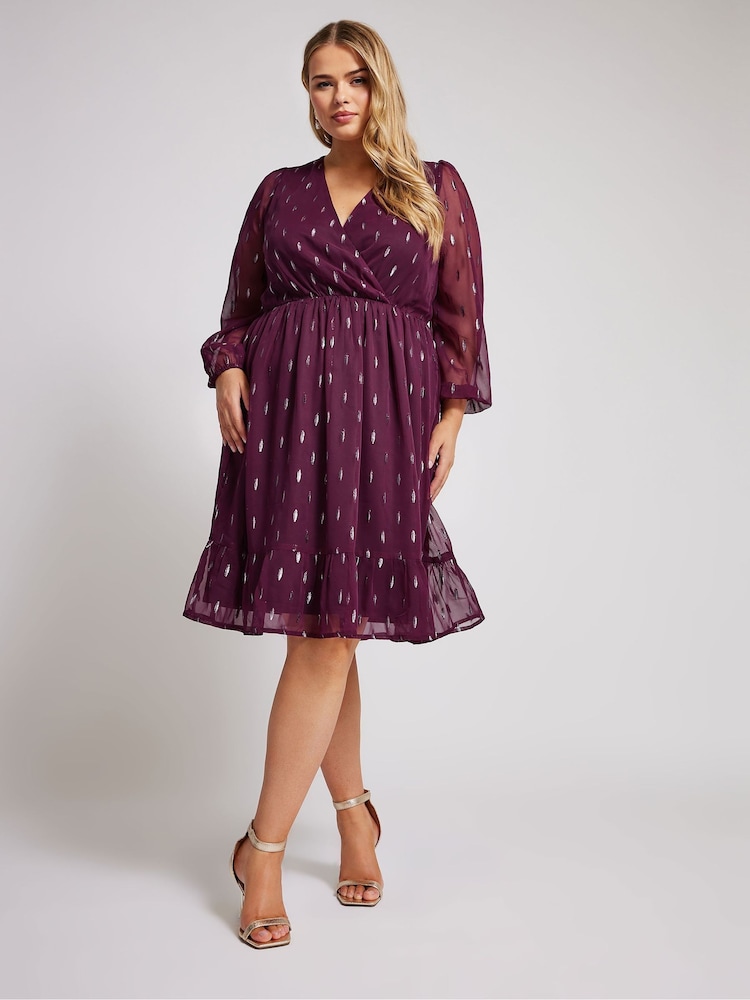Yours Curve Purple London Metallic Dobby Wrap Midi Dress - Image 2 of 5