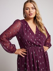 Yours Curve Purple London Metallic Dobby Wrap Midi Dress - Image 4 of 5