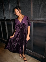 Yours Curve Purple London Crushed Velvet Wrap Dress - Image 2 of 6