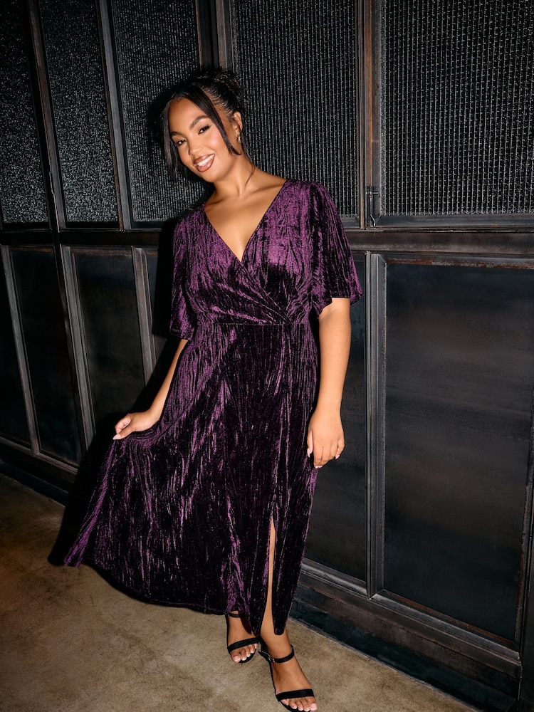 Yours Curve Purple London Crushed Velvet Wrap Dress - Image 2 of 6