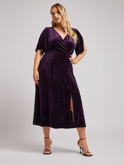 Yours Curve Purple London Crushed Velvet Wrap Dress - Image 4 of 6