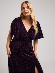 Yours Curve Purple London Crushed Velvet Wrap Dress - Image 5 of 6