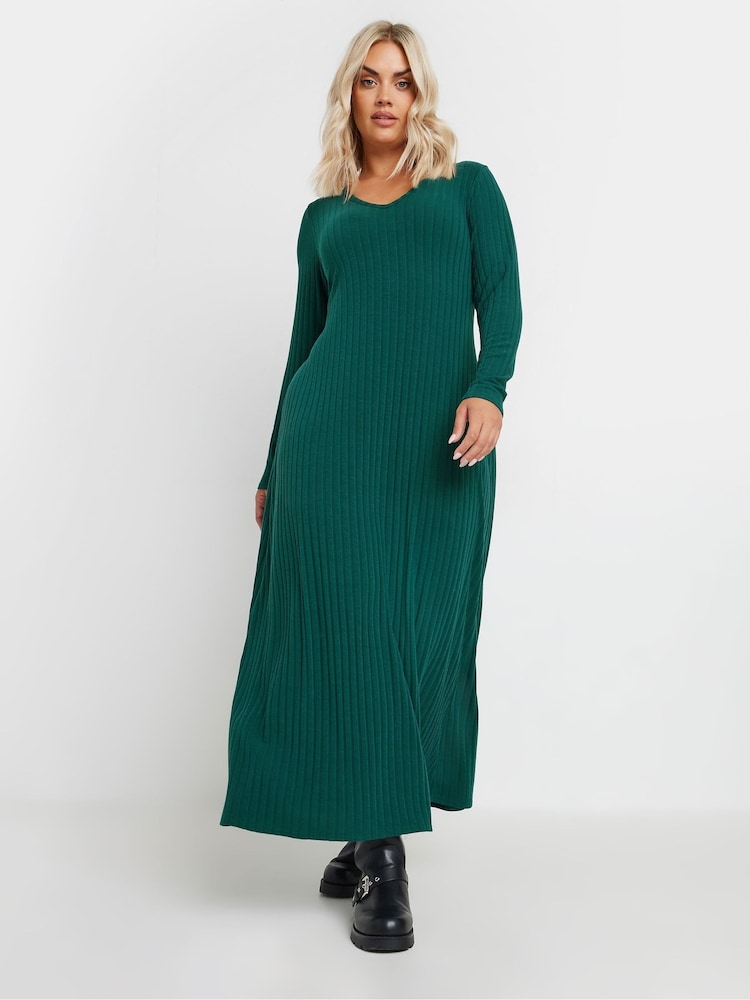 Yours Curve Green Flare Ribbed Dress - Image 1 of 5