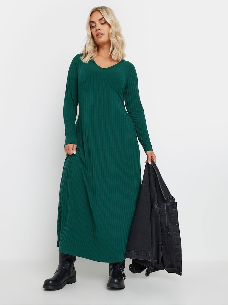 Yours Curve Green Flare Ribbed Dress - Image 2 of 5