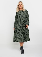 Yours Curve Green Textured Midaxi Animal Print Frill Dress - Image 1 of 5