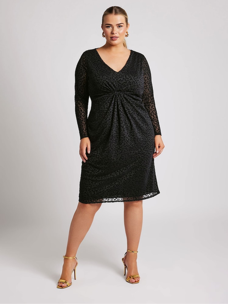 Yours Curve Black London Animal Flocked Twist Front Dress - Image 2 of 5