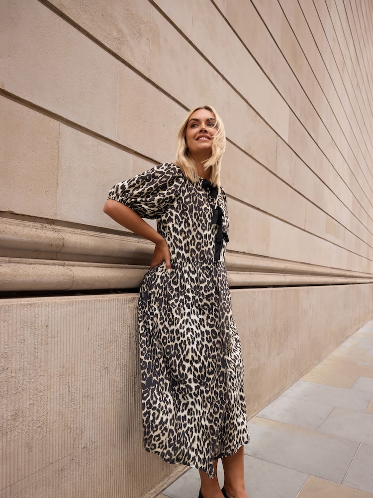Yours Curve Animal Print Limited Woven Leopard Print Bow Dress - Image 1 of 6