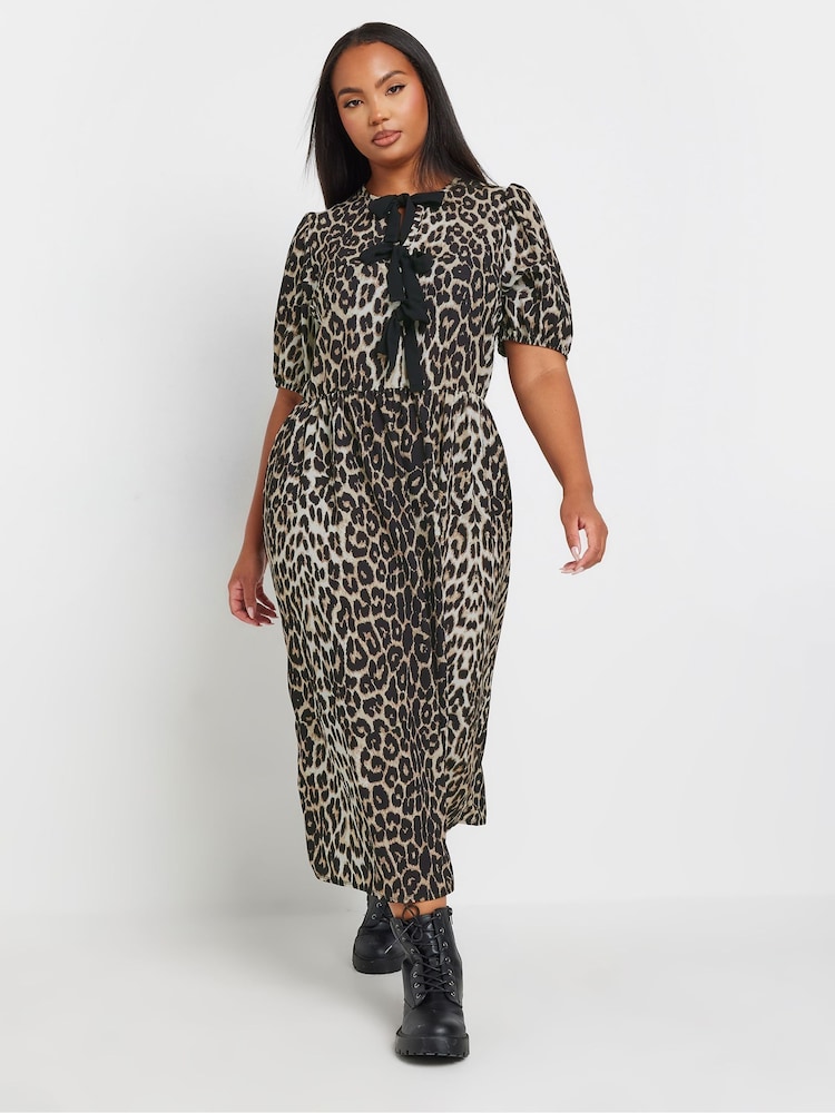 Yours Curve Animal Print Limited Woven Leopard Print Bow Dress - Image 2 of 6