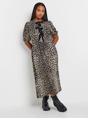 Yours Curve Animal Print Limited Woven Leopard Print Bow Dress - Image 3 of 6