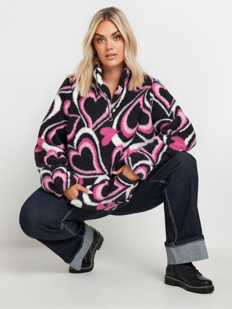 Yours Curve Black Sherpa Borg Half Zip Fleece Jacket - Image 2 of 5