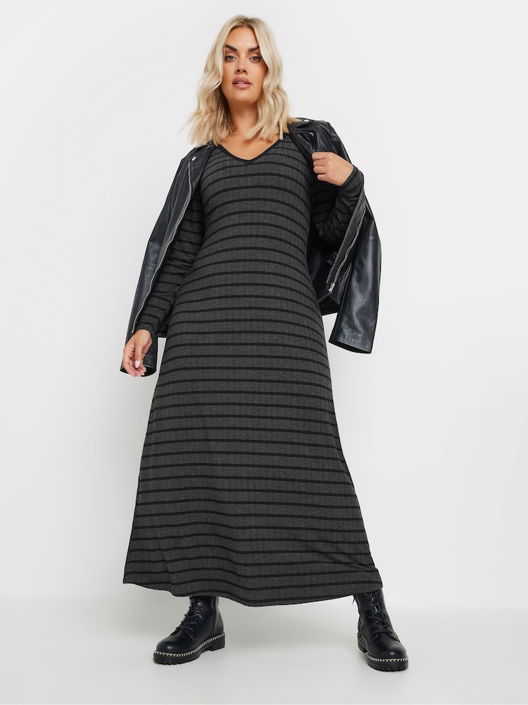 Yours Curve Grey Flare Ribbed Dress - Image 2 of 5
