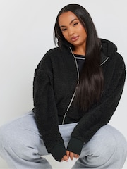 Yours Curve Black Ribbed Hooded Feather Fleece - Image 1 of 5