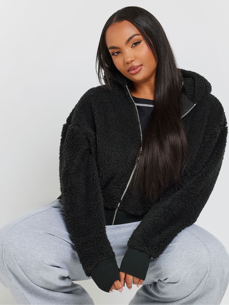 Yours Curve Black Ribbed Hooded Feather Fleece - Image 1 of 5