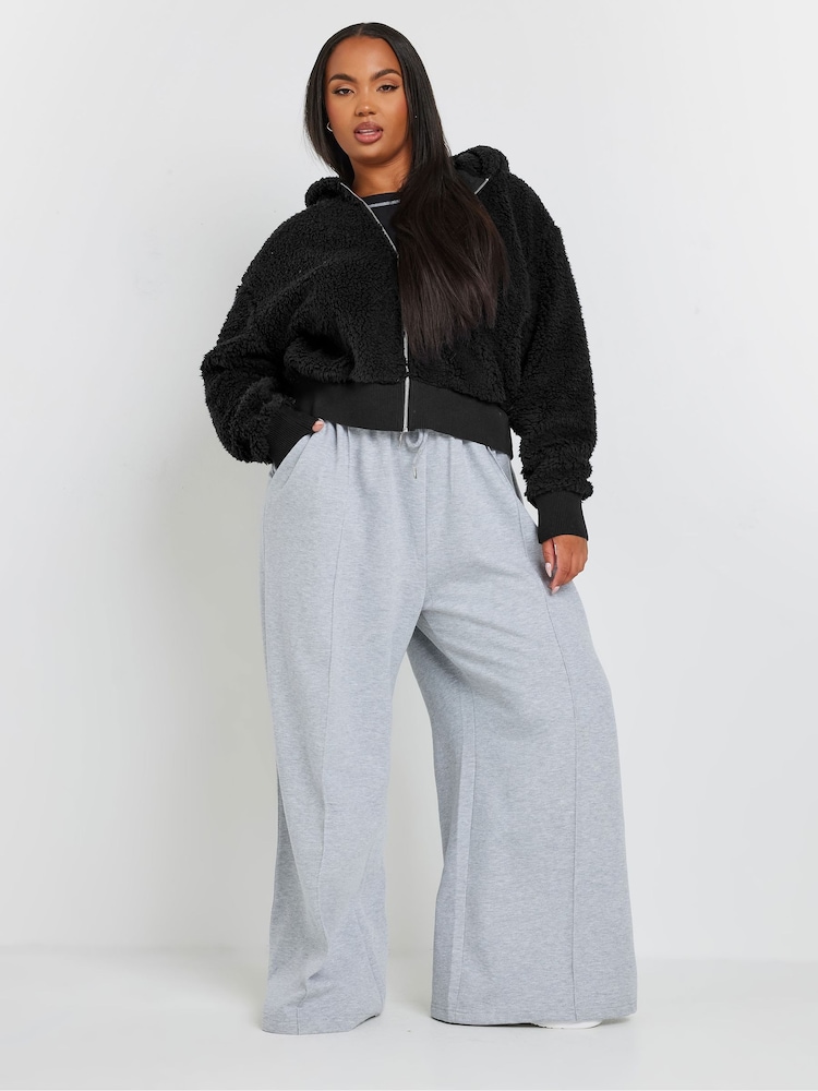 Yours Curve Black Ribbed Hooded Feather Fleece - Image 2 of 5