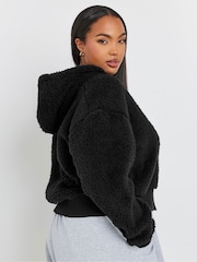 Yours Curve Black Ribbed Hooded Feather Fleece - Image 3 of 5