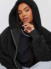 Yours Curve Black Ribbed Hooded Feather Fleece - Image 4 of 5