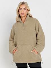 Yours Curve Brown Brown Sherpa Fleece Half Zip Jacket - Image 1 of 5
