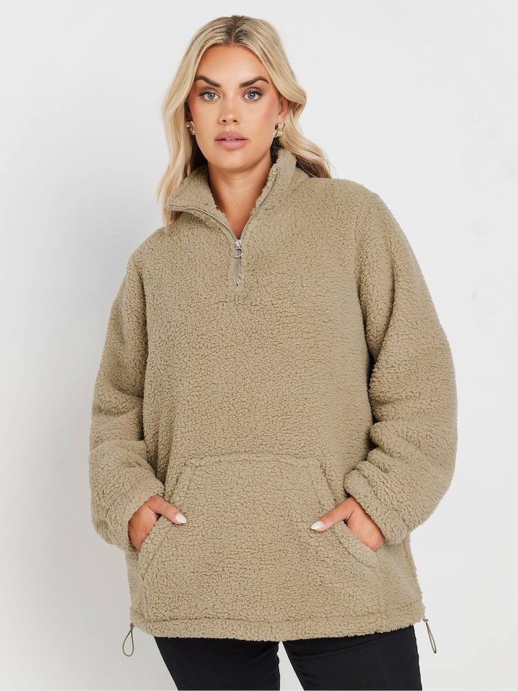 Yours Curve Brown Brown Sherpa Fleece Half Zip Jacket - Image 1 of 5