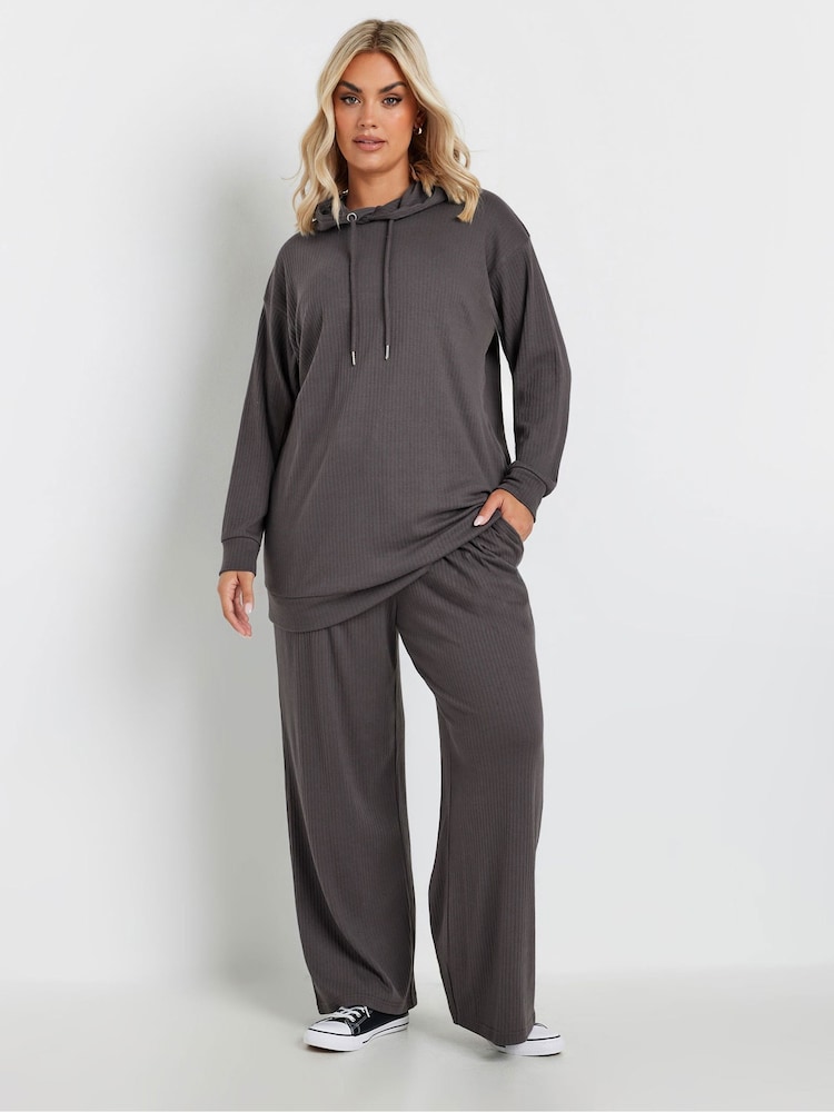 Yours Curve Grey Ribbed Wide Leg Joggers - Image 2 of 4