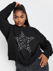 Yours Curve Black Diamante Leopard Print Sweatshirt - Image 1 of 5